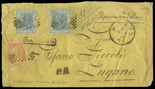 ITALIAN KINGDOM 1867 - 0c ochre yellow and two copies of 20c light blue, Torino issue on registered letter to Lugano  - Auction Shop On-line - MARIO ZANARIA di Angelo Zanaria e C.