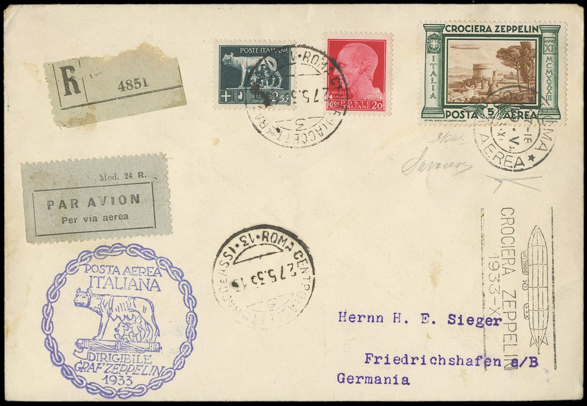 ITALIA REGNO 1933 - PA46: Crociera Zeppelin, 5L su aerogramma per la Germania  -  [..]