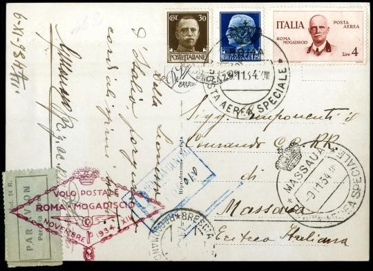 ITALIA REGNO 1934 - PA85+PO249+253: Volo Roma Mogadiscio, 4L bruno rosso su cartolina  [..]