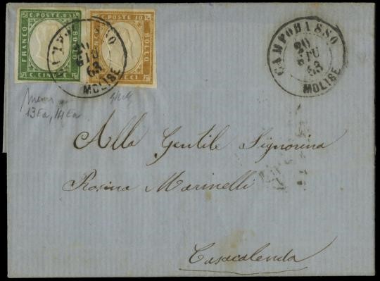 NAPOLI ANNULLI 1863 - Sardegna 3Ea+14Ea+pt.1: lettera da &quot;CAMPOBASSO MOLISE 20 GIU 63&quot; per Casacalenda   - Asta Stock On-line - MARIO ZANARIA di Angelo Zanaria e C.