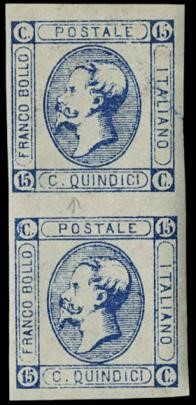 ITALIA REGNO 1863 - 15c azzurro, coppia verticale  (1863)  - Asta Stock On-line - MARIO ZANARIA di Angelo Zanaria e C.