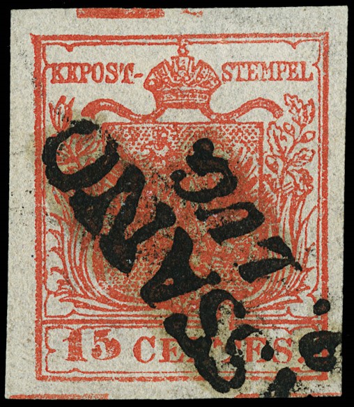 Lot 6172 - Lombardy Venetia: n.4be, 15c vermilion red II printing, with double printer&#39;s  [..]