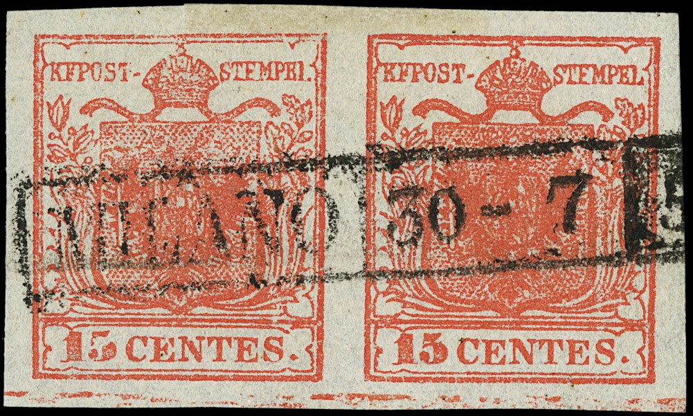 Lot 6173 - Lombardy Venetia: n.3gk, 15c deep vermilion red, early printing, pair  [..]