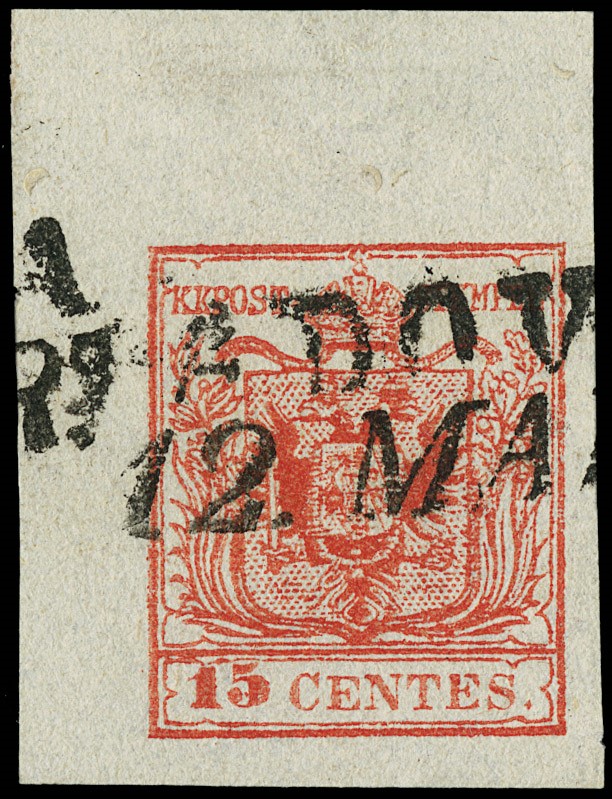 Lot 6178 - Lombardy Venetia: n.6k, 15c right carmine red III type, very thin paper,  [..]
