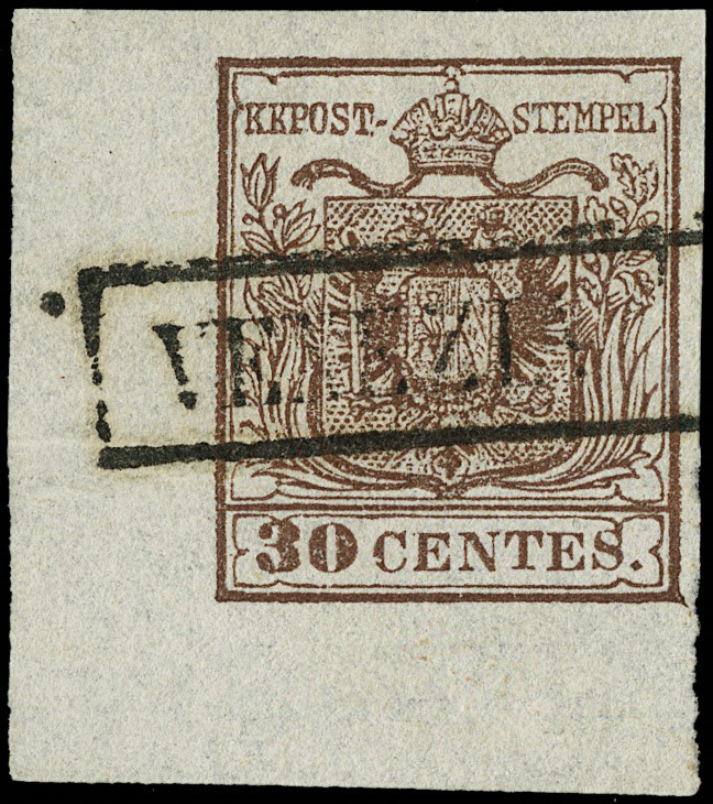 Lot 6180 - Lombardy Venetia: n.7, 30c brown I type, corner of sheet  (1850)  - Auction  [..]