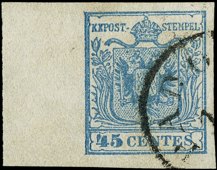 Lot 6185 - Lombardy Venetia: n.11, 45c slate blue II plate, 12mm margin of sheet  [..]