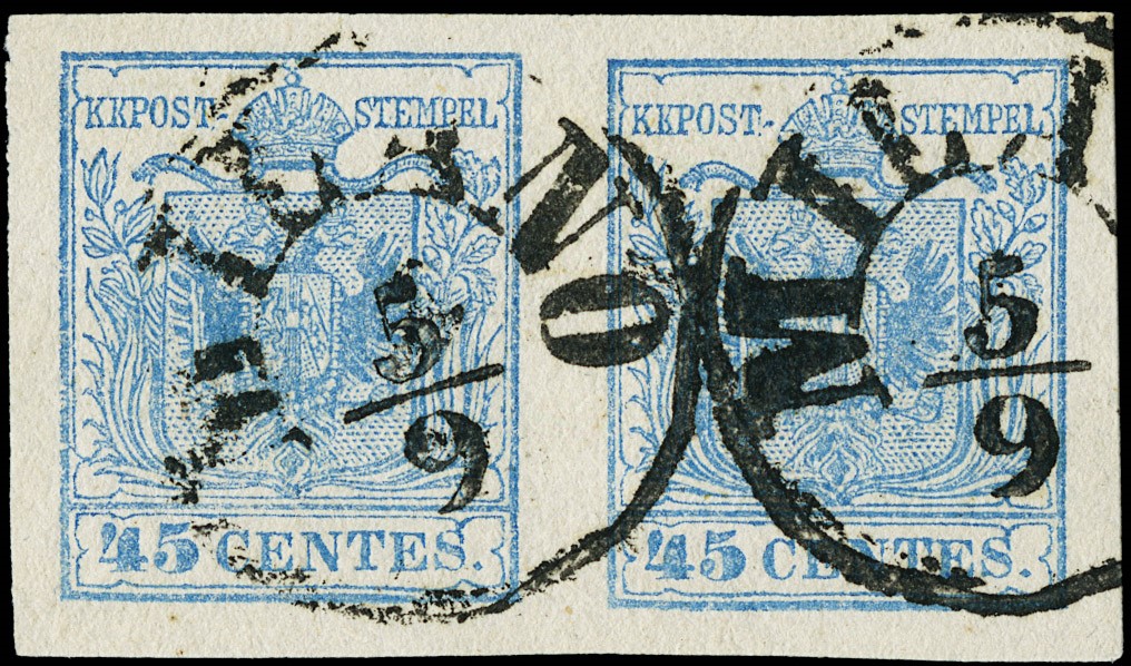 Lotto 6186 - Lombardo Veneto: n.12c, 45c III tipo azzurro oltremare, coppia  (1850)  [..]