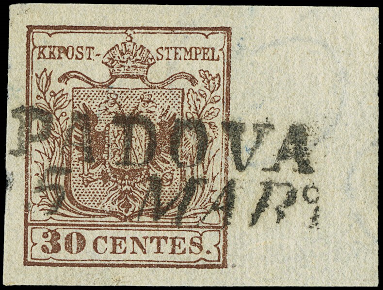 Lot 6190 - Lombardy Venetia: n.16ad, 30c reddish brown, ribbed paper, 13mm margin  [..]