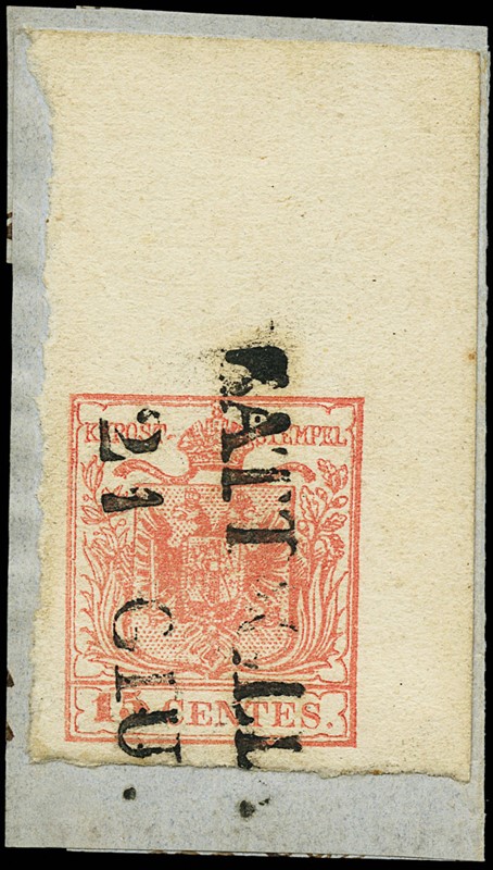 Lot 6170 - Lombardy Venetia: n.20, 15c vermilion red machine-made paper, 2x17 mm  [..]