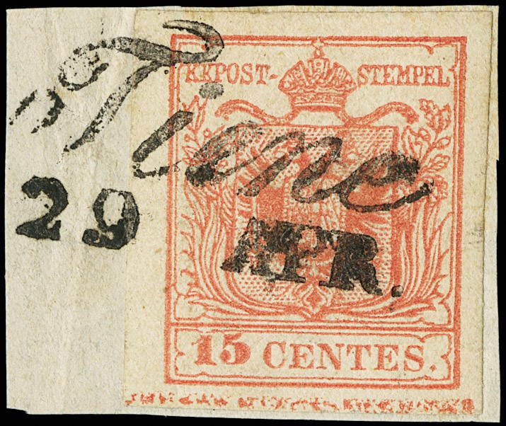 Lot 6201 - Lombardy Venetia: n.20g, 15c  vermilion red, machine-made paper, with  [..]