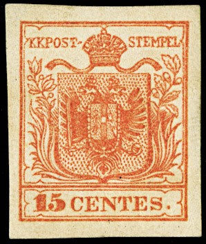 Lot 6205 - Lombardy Venetia: n.F1, 15c vermilion imitation of Verona  (1853)  -  [..]