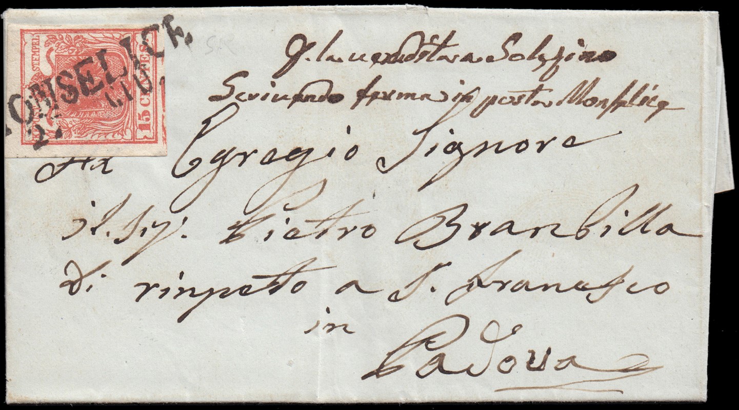 LOMBARDO VENETO 1850 - 15c rosso carminio su lettera per Padova  (1850)  - Asta Stock On-line - MARIO ZANARIA di Angelo Zanaria e C.