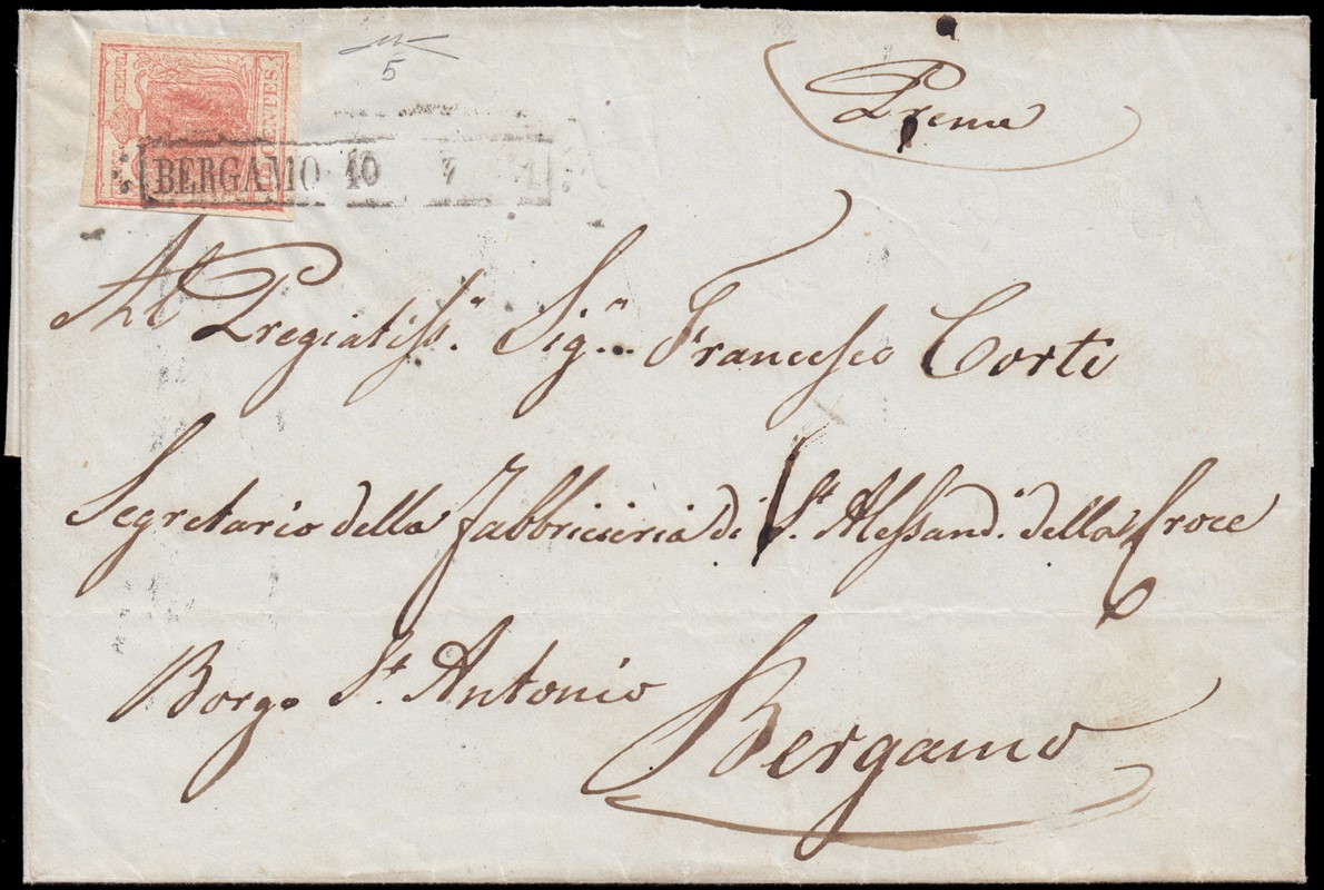 LOMBARDO VENETO 1851 - 15c rosa carminio su lettera da Bergamo per citt&#224;  (1851)  - Asta Stock On-line - MARIO ZANARIA di Angelo Zanaria e C.