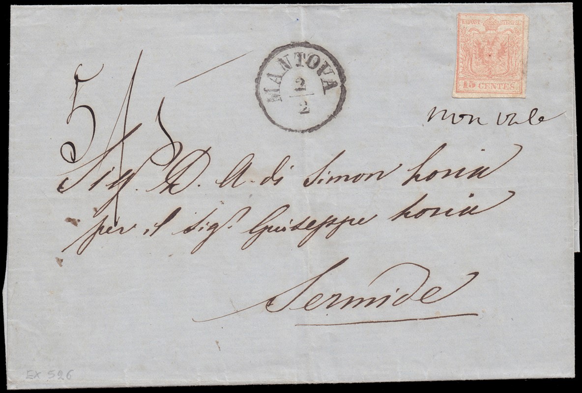 LOMBARDO VENETO 1854 - 15c rosa su lettera da &quot;MANTOVA 2/2&quot; a Sermide  (1854)  - Asta Stock On-line - MARIO ZANARIA di Angelo Zanaria e C.