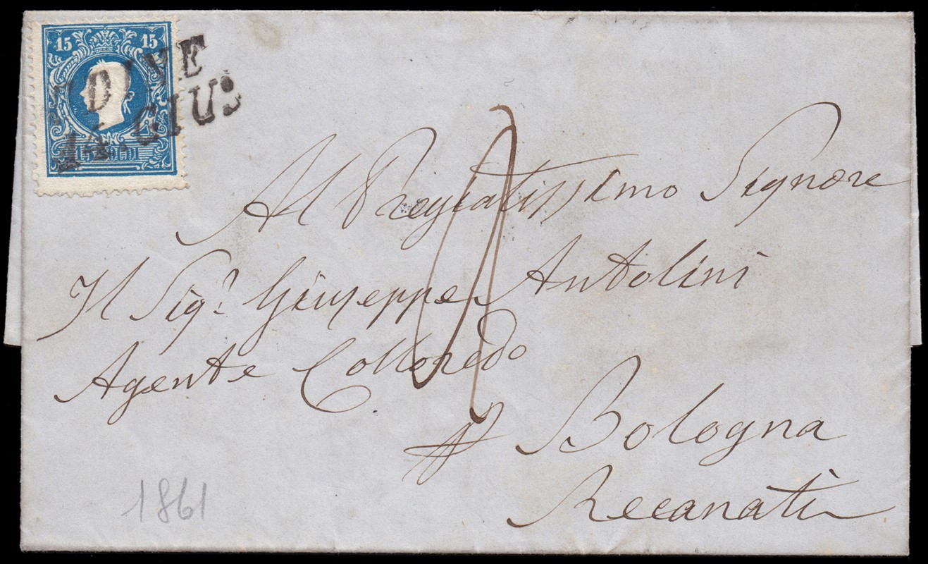 LOMBARDO VENETO 1859 - 15s azzurro su lettera per Bologna  - Asta Stock On-line - MARIO ZANARIA di Angelo Zanaria e C.
