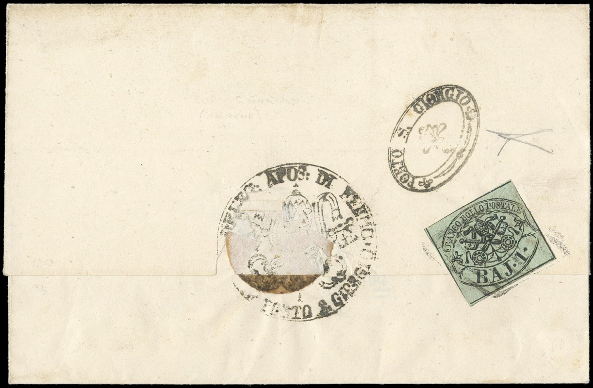 PONTIFICIO 1858 - 1 baj verde grigiastro al verso di lettera da Porto San Giorgio  - Asta Stock On-line - MARIO ZANARIA di Angelo Zanaria e C.