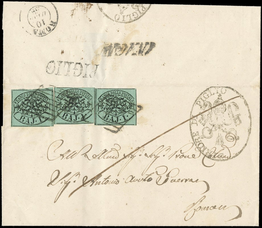 PONTIFICIO 1858 - 1 baj verde scuro, tre esemplari su lettera da &quot;PIGLIO&quot; a Roma  - Asta Stock On-line - MARIO ZANARIA di Angelo Zanaria e C.