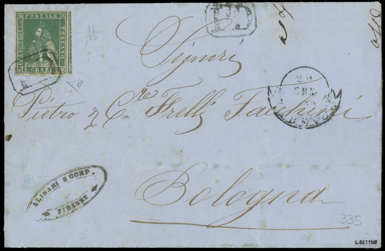 TOSCANA 1851 - 06+pt.3: 4cr verde su lettera da Firenze a Bologna  - Asta Stock On-line - MARIO ZANARIA di Angelo Zanaria e C.