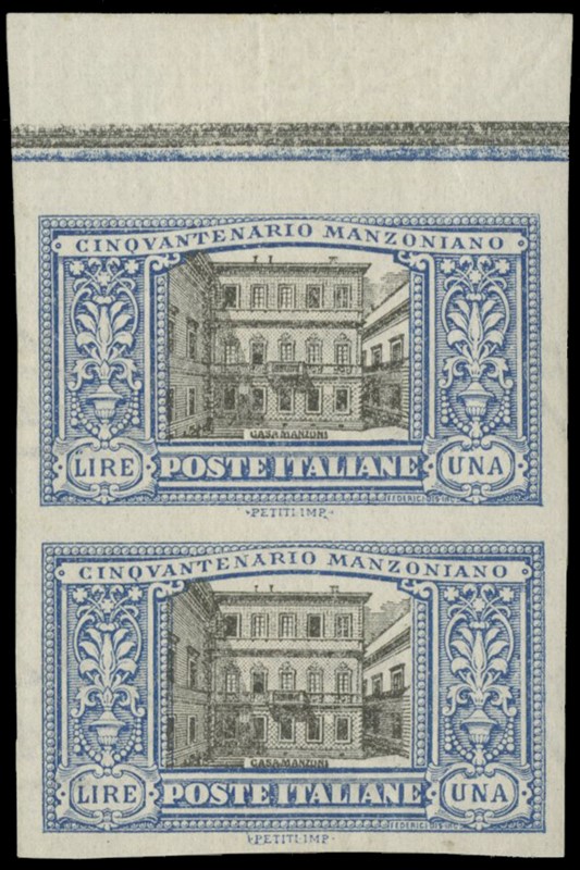 ITALIA REGNO 1923 - 155d: Manzoni, 1l azzurro e nero coppia non dentellata  - Asta Stock On-line - MARIO ZANARIA di Angelo Zanaria e C.
