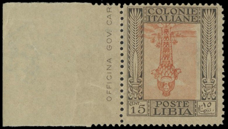COLONIE ITALIANE 1921 - LIBIA 25ac: Pittorica, 15c bruno e arancio, dentellatura 14x13&#188; e centro capovolto  - Auction Shop On-line - MARIO ZANARIA di Angelo Zanaria e C.