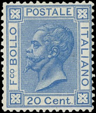 ITALIA REGNO  1867 - 26T: 20c azzurro &quot;Bigola&quot;, tiratura di Torino  [..]