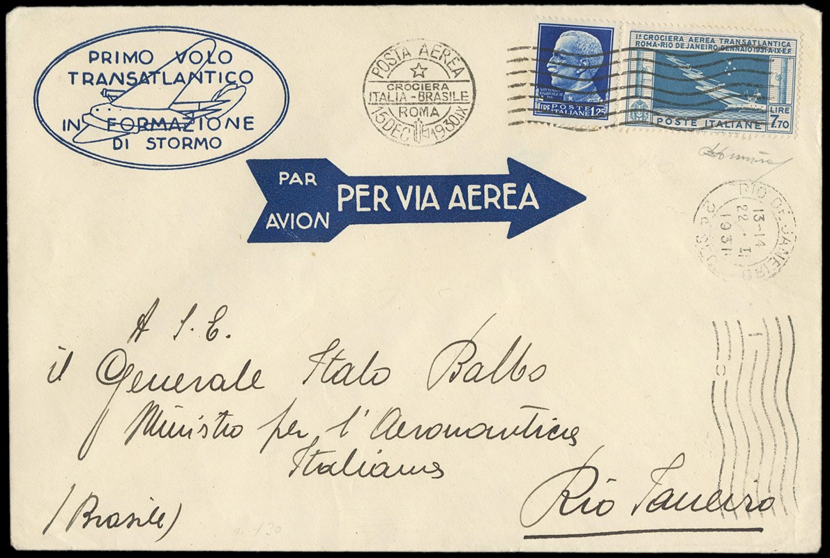 ITALIA REGNO 1930 - PA25: Balbo, 7,70L su aerogramma Roma - Rio de Janeiro  - Auction  [..]