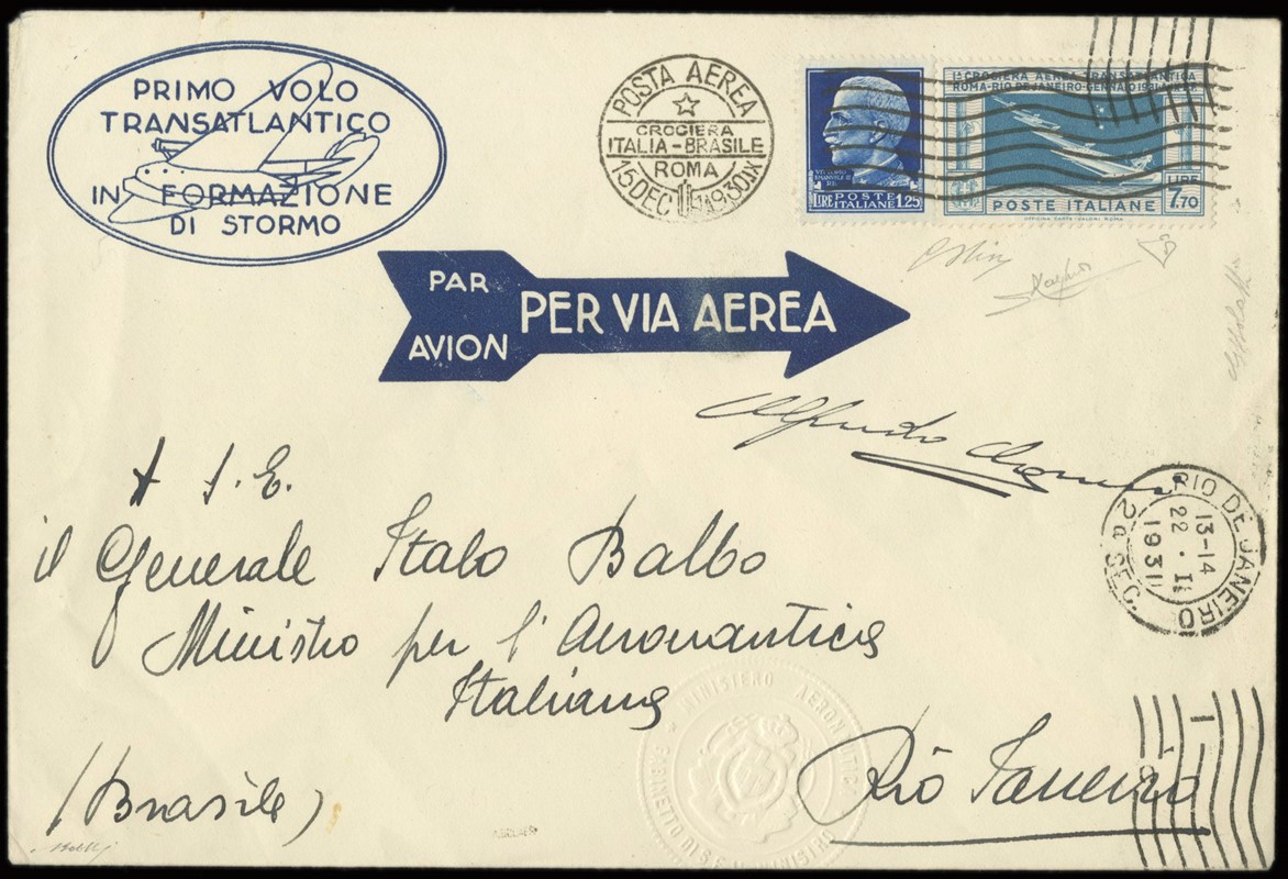 ITALIA REGNO 1930 - PA25 + 253: Crociera transatlantica del Generale Balbo, 7,70L celeste e bruno grigio e 1,25L su aerogramma  - Auction Shop On-line - MARIO ZANARIA di Angelo Zanaria e C.