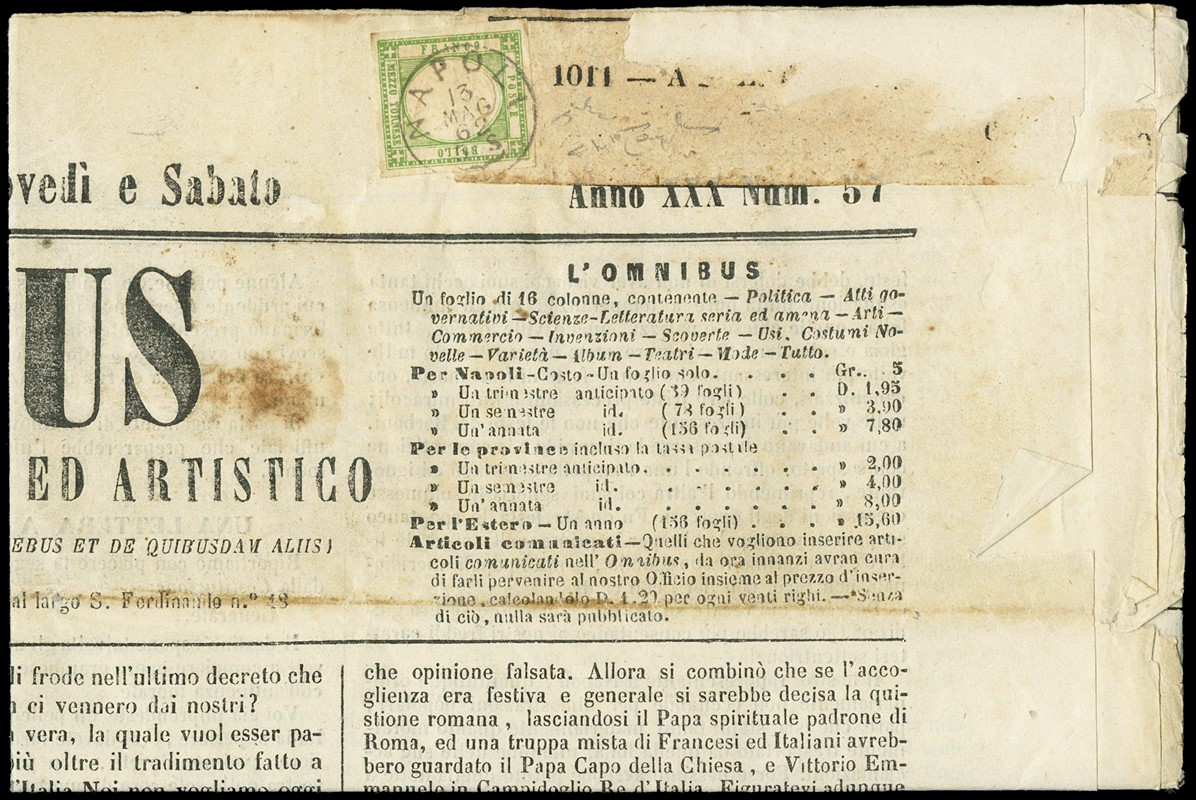 1862 - Province Napoletane: &#189;t verde giallo su giornale &quot;L&#39;OMNIBUS&quot; (Sassone 17e - € 825)  - Auction Shop On-line - MARIO ZANARIA di Angelo Zanaria e C.