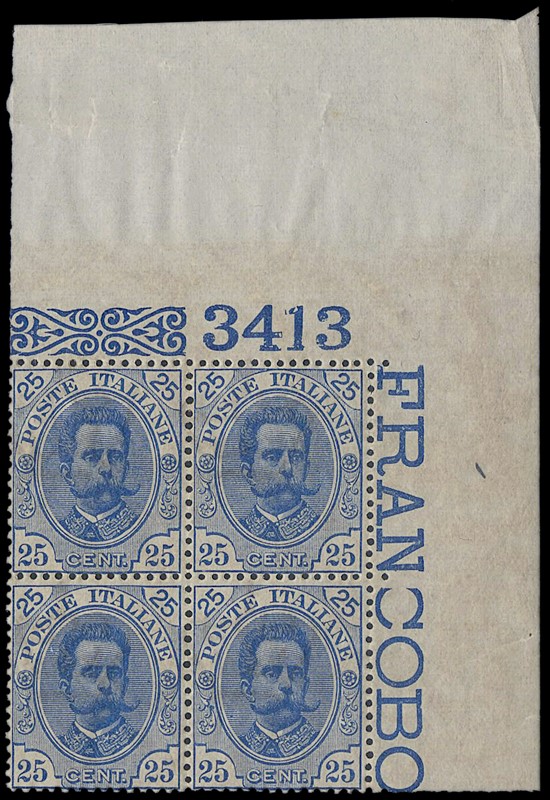 ITALIA REGNO 1891/96 - 62: 25c azzurro BL4 AdF num. &quot;3413&quot;  -  [..]
