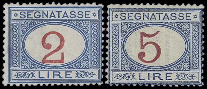 ITALIA REGNO 1903 - T29/30: Segnatasse, 2L azzurro e carminio e 5L azzurro e carminio  [..]