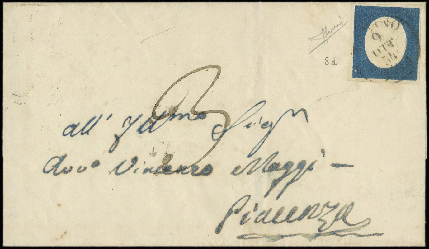 SARDEGNA 1854 - 8d: 20c azzurro verdastro su lettera per Piacenza  - Auction Shop On-line - MARIO ZANARIA di Angelo Zanaria e C.