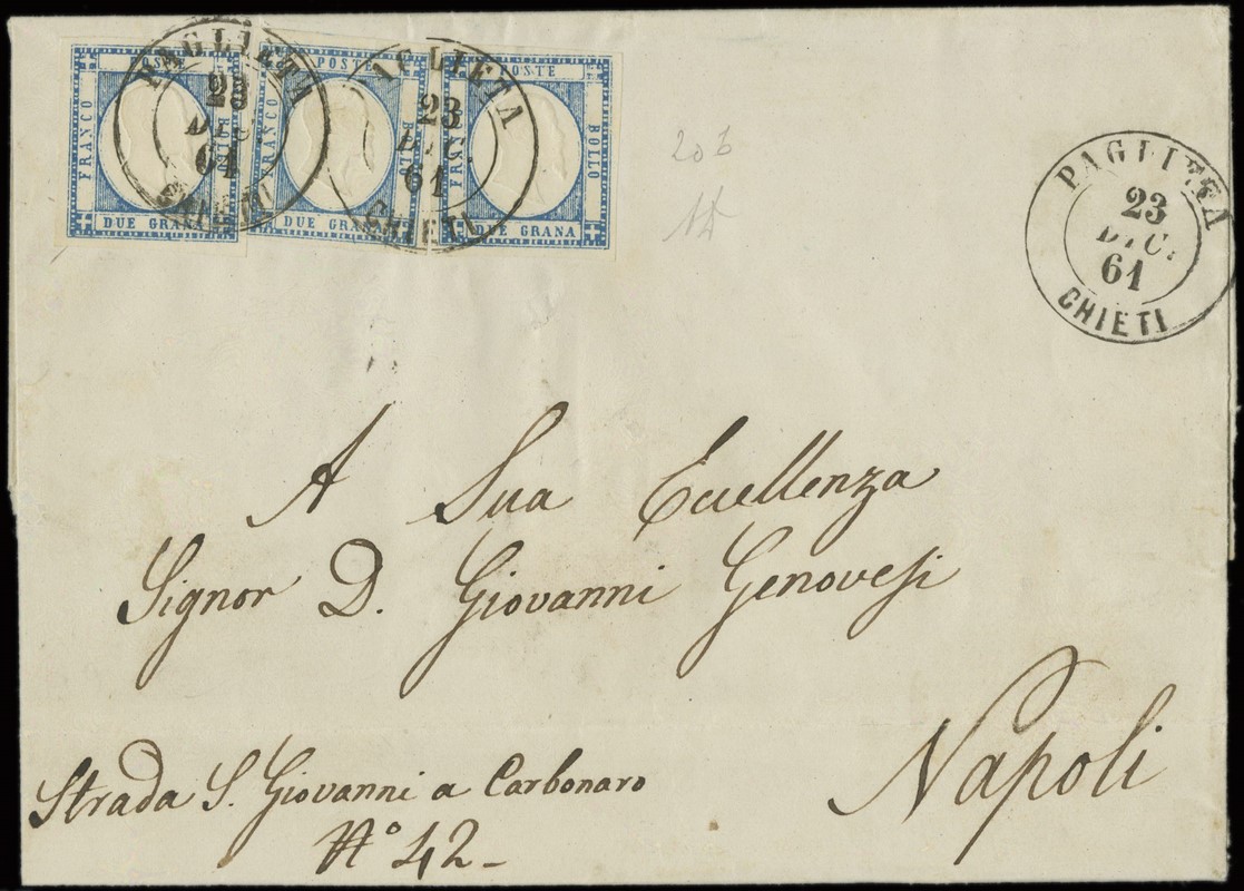 NAPOLETANE 1861 - 20b: 2gr azzurro, tre esemplari su lettera da&quot;PAGLIETA CHIETI 23 DIC 6&quot; per Napoli  - Auction Shop On-line - MARIO ZANARIA di Angelo Zanaria e C.