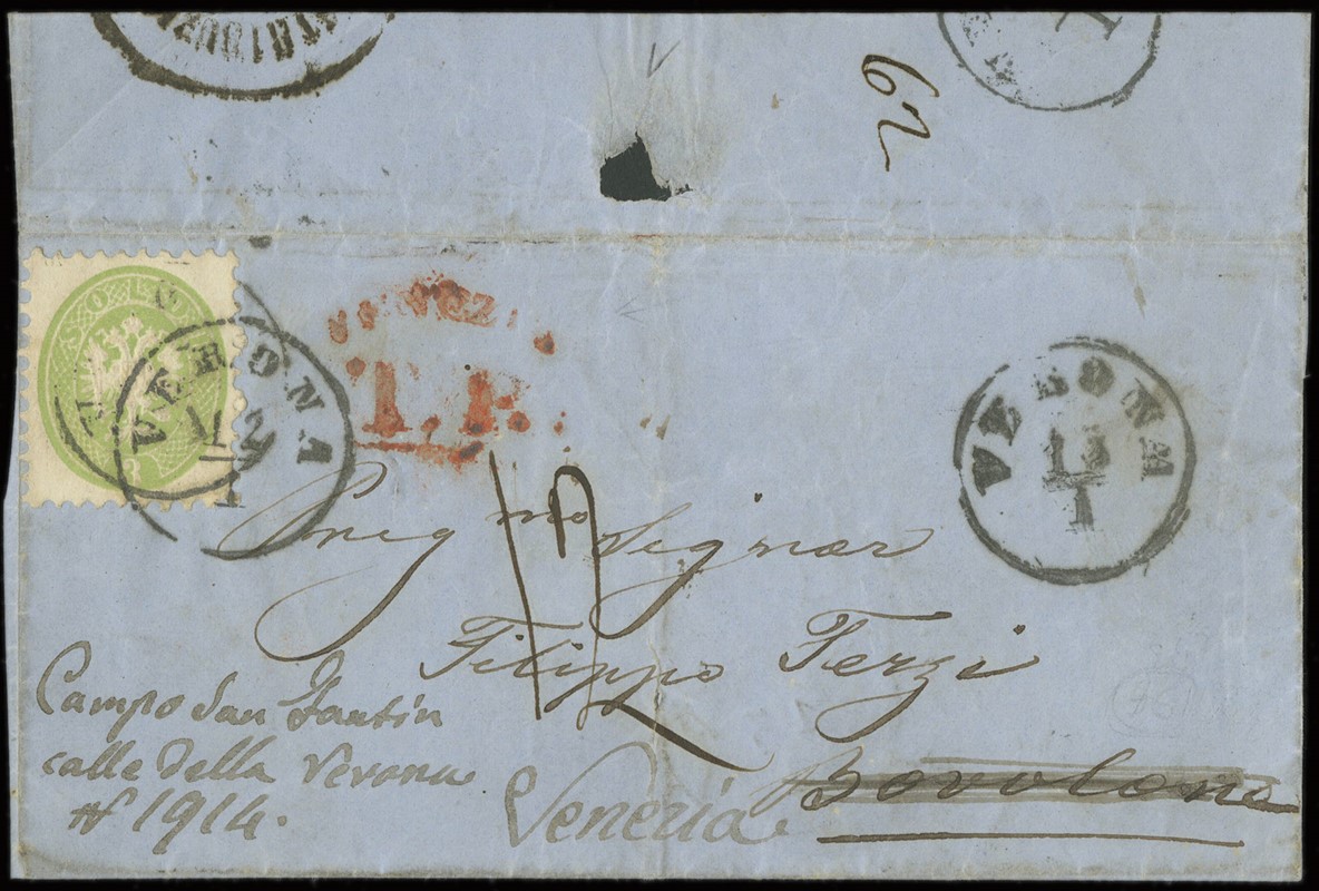 LOMBARDO VENETO 1863 - 37: 3s verde su fronte di lettera da &quot;VERONA 12/1&quot; per circondario  - Auction Shop On-line - MARIO ZANARIA di Angelo Zanaria e C.