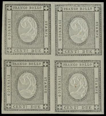 SARDEGNA 1861 - 20: francobolli per stampati, 2c grigio nero, BL4  - Asta Stock On-line - MARIO ZANARIA di Angelo Zanaria e C.