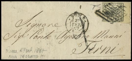 PONTIFICIO 1852 -  03A: 2 baj bianco I emissione BdF su lettera per Terni