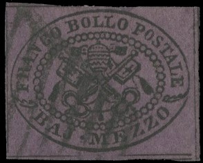 PONTIFICIO 1852 - 01e: 1/2 baj lilla vivo annullato a griglia