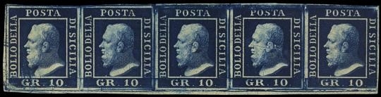 SICILIA 1859 - 12b: 10gr indaco striscia di 5 