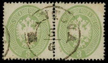 LOMBARDO VENETO 1863 - 37c: 3s verde coppia, francobolli più corti 