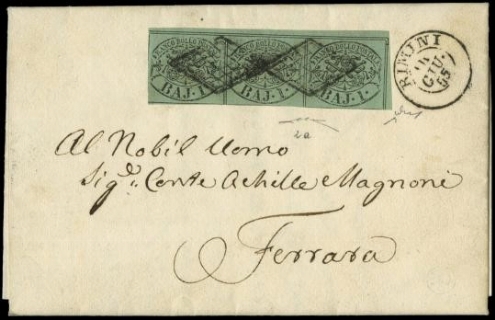 PONTIFICIO 1852 - 02a+pt.2: 1 baj verde azzurro striscia di tre AdF