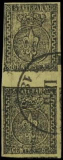 PARMA 1852 - 01b: 5c giallo chiaro verdino, coppia verticale con interspazio di gruppo