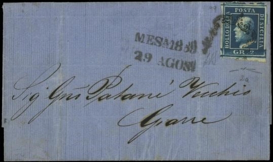 SICILIA 1859 - 08a: 2gr azzurro scurissimo su lettera per Giarre