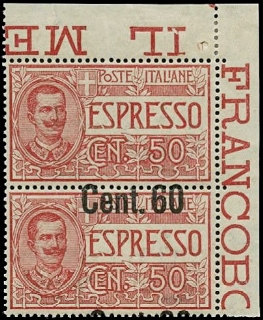 ITALIA REGNO 1922 - E6f: Espressi Cent.60 su 50c rosso coppia AdF