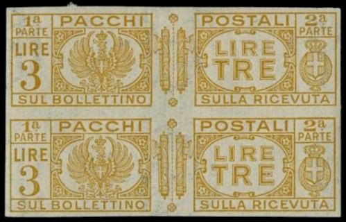 ITALIA REGNO 1927/32 - PP32d: Pacchi postali, 3L giallo bruno coppia non dentellata