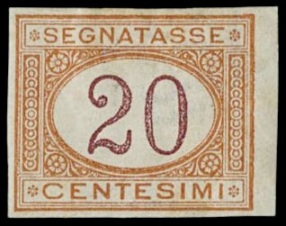 ITALIA REGNO T22g - Segnatasse, 20c arancio e carminio non dentellato
