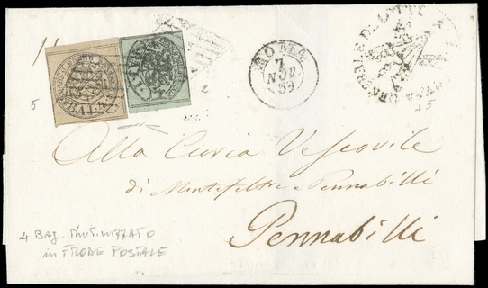 PONTIFICIO 1852 - 02+05: 1 baj verde grigiastro + 4 baj bruno grigio chiaro su lettera per Pennabilli