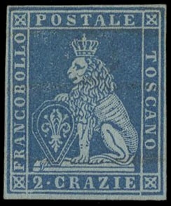 TOSCANA 1851 - 05a: I emissione, 2cr azzurro grigio su carta azzurra
