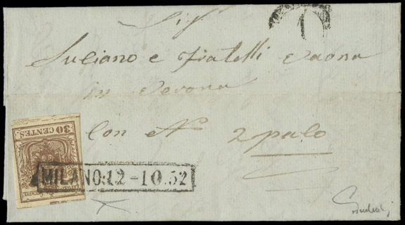 LOMBARDO VENETO 1850 - 07f/k: 30c bruno rossastro con evidente spazio tipografico su lettera per Verona