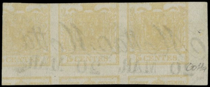 LOMBARDO VENETO 1851 - 13A: 5c giallo ocra ST3 con controstampa diritta annullata "MOTTA 20 MAR"