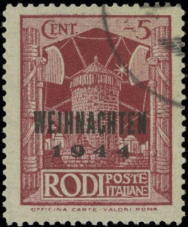 COLONIE ITALIANE 1944 - EGEO OCCUPAZIONE TEDESCA 10: Emissione di Rodi, Natale, 5c lilla rosso