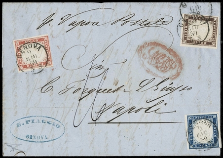 SARDEGNA 1859 - 16Aa+15B+14Ab: 40c+20c+10c da "GENOVA 9 GIU 59" a Napoli